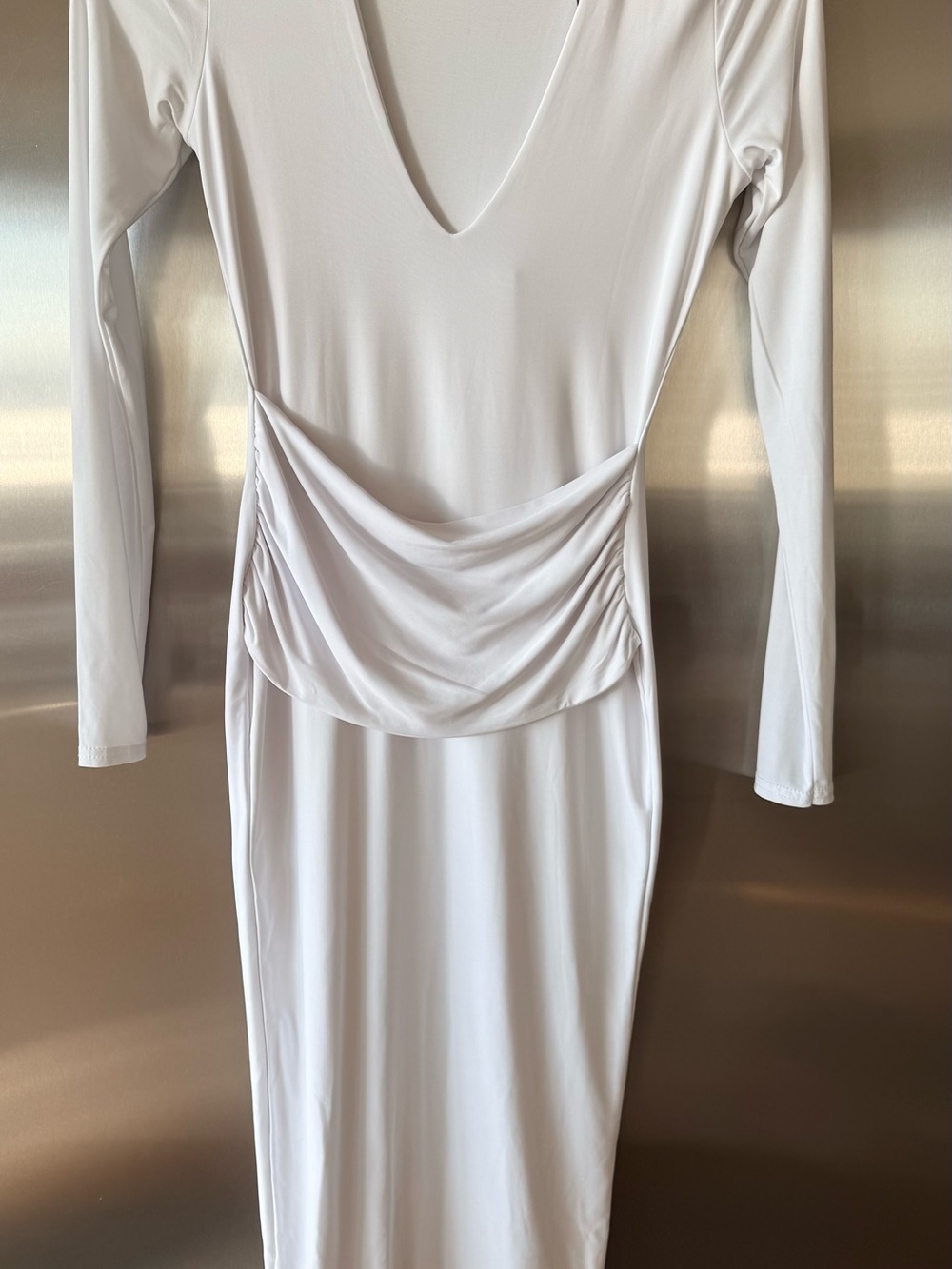Missguided White Long Sleeve V-Neck Ruched Waist Midi Dress